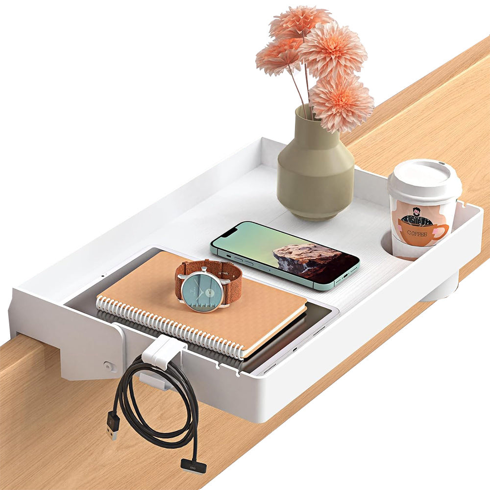 Floating Bedside Shelf with Cup Holder and Black Metal Bed Tray Organizer for Beds & Bunks