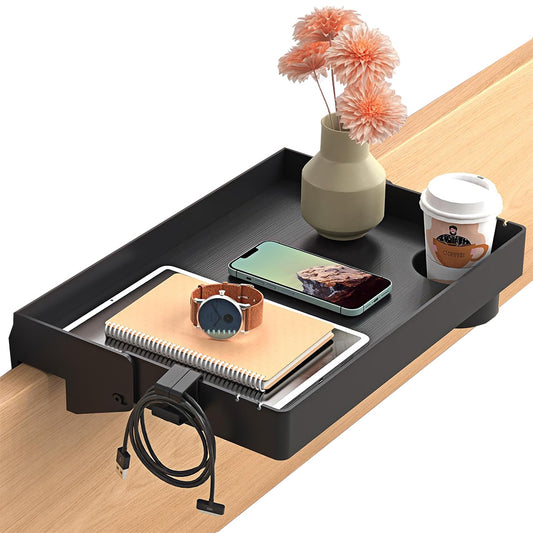 Floating Bedside Shelf with Cup Holder and Black Metal Bed Tray Organizer for Beds & Bunks